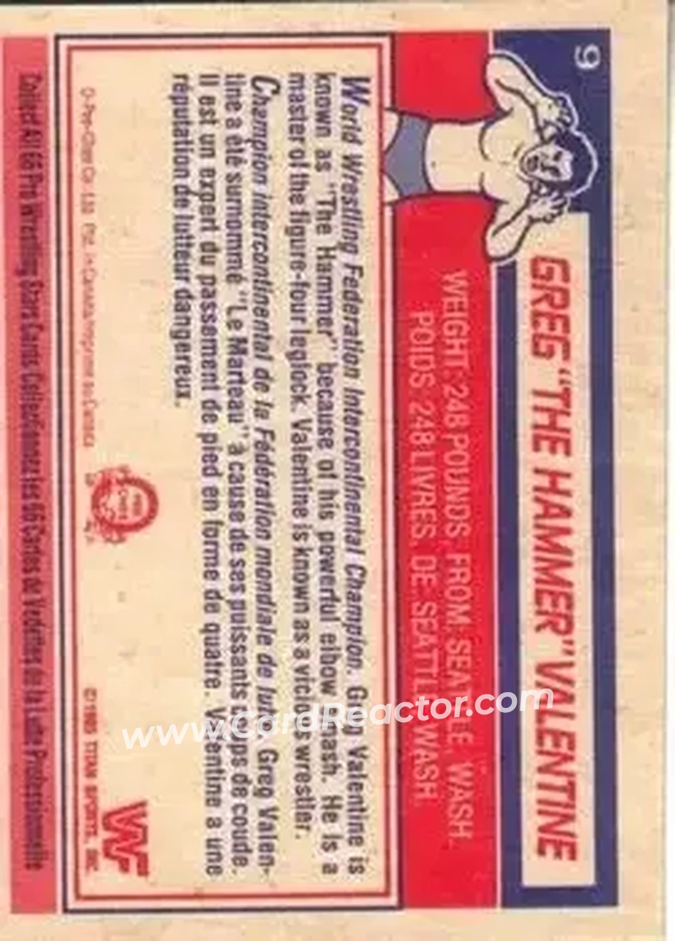 1985 O-Pee-Chee WWF Pro Wrestling Stars #9 - Greg "The Hammer" Valentine