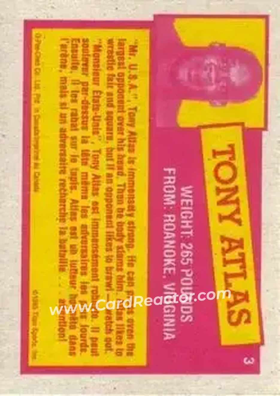 1985 O-Pee-Chee WWF Pro Wrestling Stars Series 2 #3 - Tony Atlas 1985 O-Pee-Chee WWF Pro Wrestling Stars Series 2 #3 - Tony Atlas