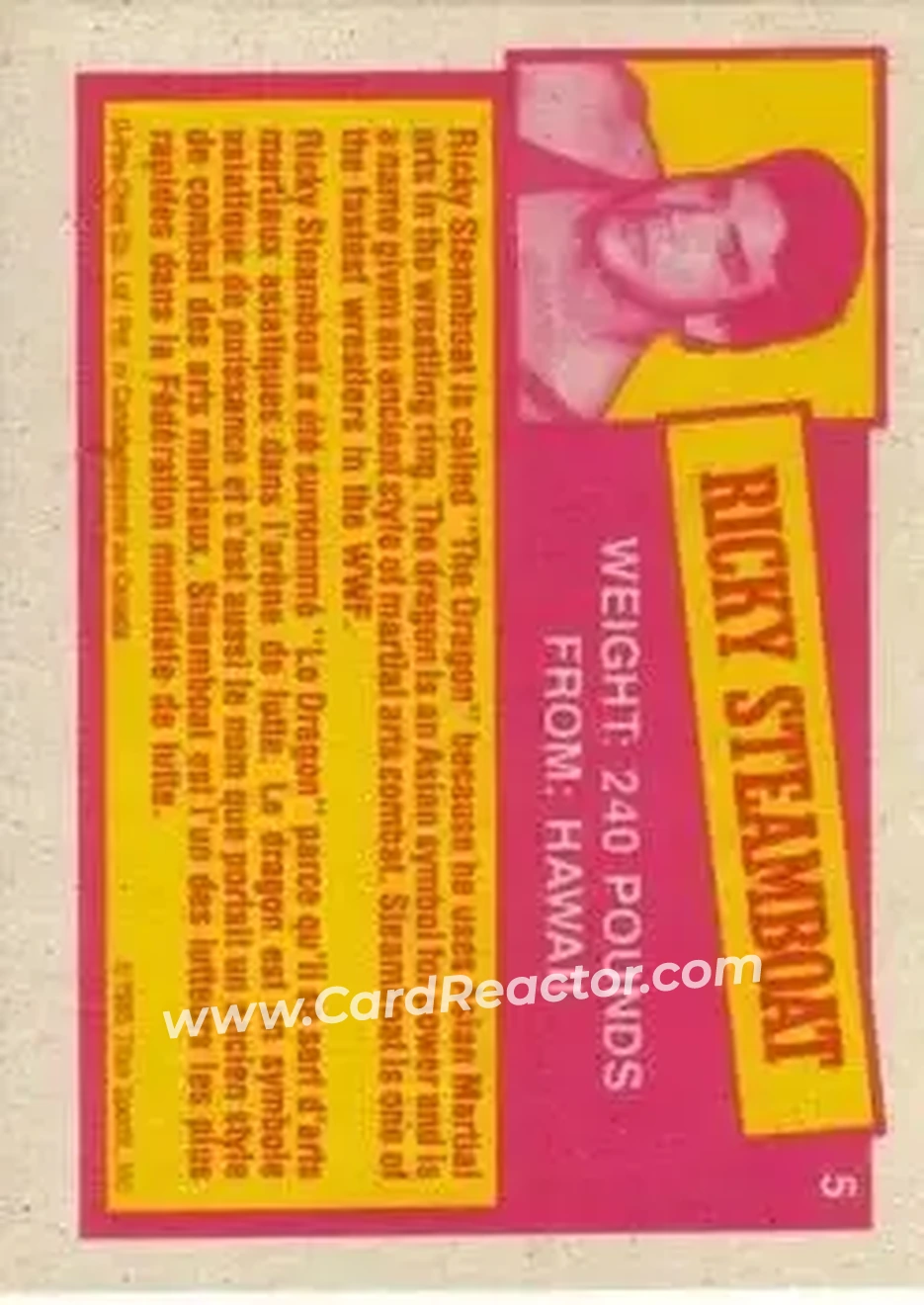 1985 O-Pee-Chee WWF Pro Wrestling Stars Series 2 #5 - Ricky "The Dragon" Steamboat 1985 O-Pee-Chee WWF Pro Wrestling Stars Series 2 #5 - Ricky "The Dragon" Steamboat