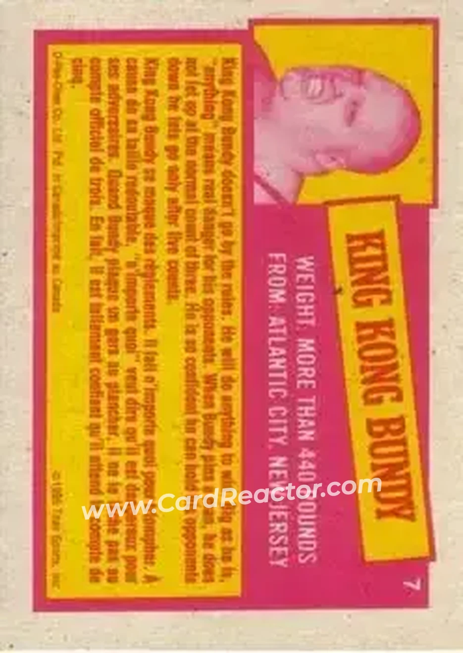 1985 O-Pee-Chee WWF Pro Wrestling Stars Series 2 #7 - King Kong Bundy 1985 O-Pee-Chee WWF Pro Wrestling Stars Series 2 #7 - King Kong Bundy