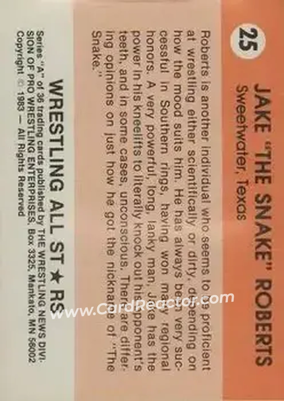1983 Wrestling All Stars Series A #25 - Jake "The Snake" Roberts 1983 Wrestling All Stars Series A #25 - Jake "The Snake" Roberts