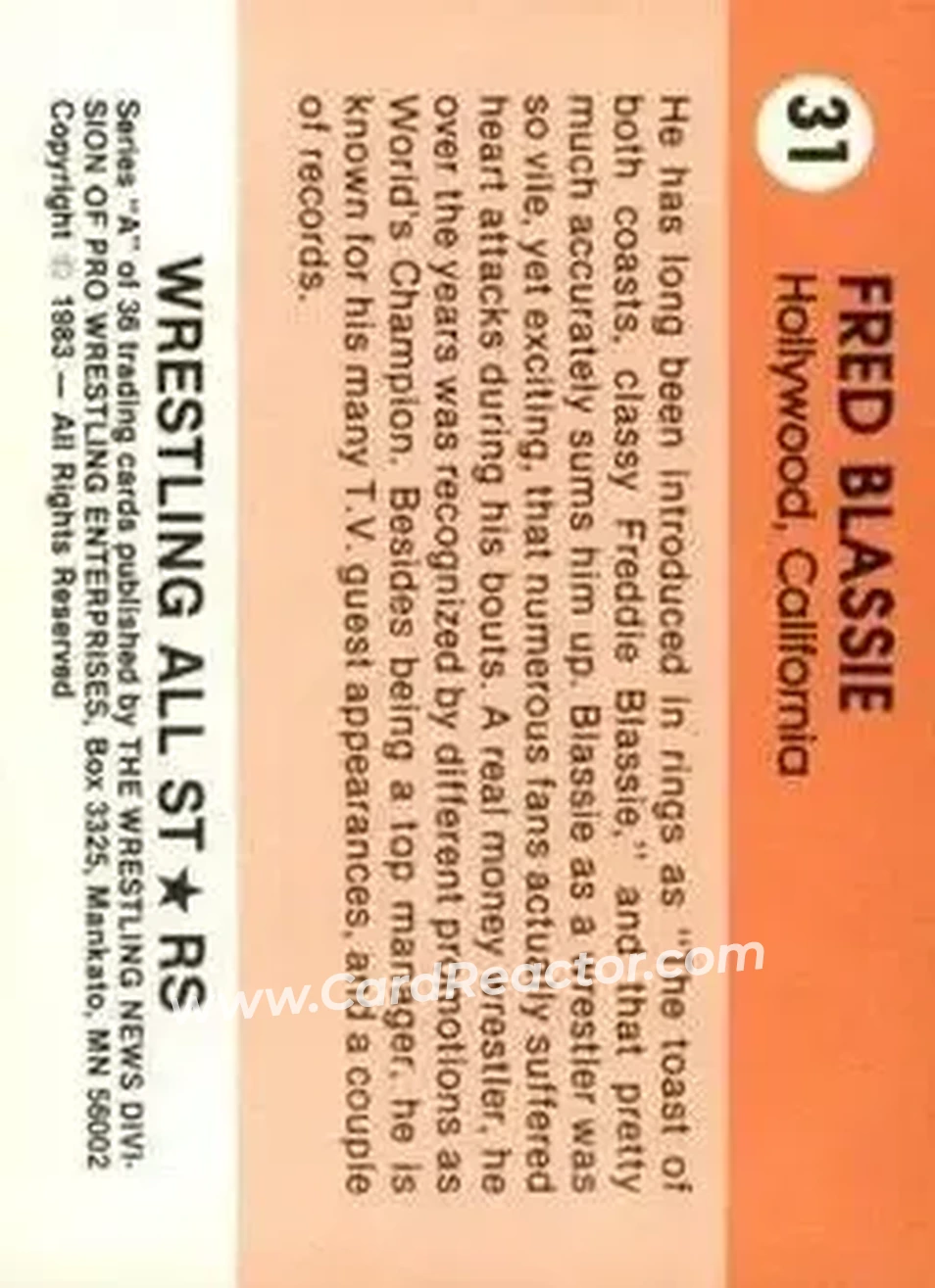 1983 Wrestling All Stars Series A #31 - Freddie Blassie 1983 Wrestling All Stars Series A #31 - Freddie Blassie