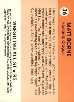1983 Wrestling All Stars Series A #36 - Matt Borne - Back