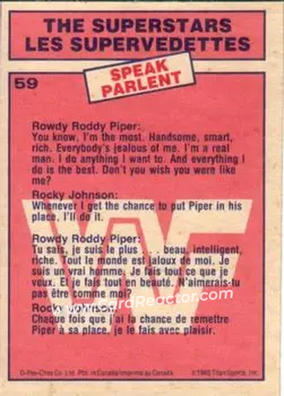 1985 O-Pee-Chee WWF Pro Wrestling Stars #59 - Rowdy Roddy Piper 1985 O-Pee-Chee WWF Pro Wrestling Stars #59 - Rowdy Roddy Piper