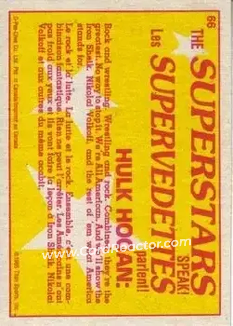 1985 O-Pee-Chee WWF Pro Wrestling Stars Series 2 #66 - Hulk Hogan 1985 O-Pee-Chee WWF Pro Wrestling Stars Series 2 #66 - Hulk Hogan