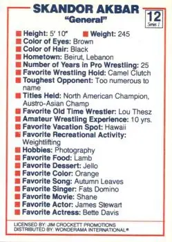 1988 Wonderama NWA #12 - Skandor Akbar - Back