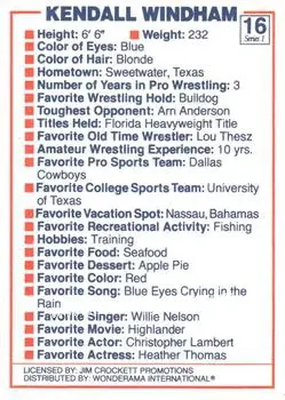 1988 Wonderama NWA #16 - Kendall Windham