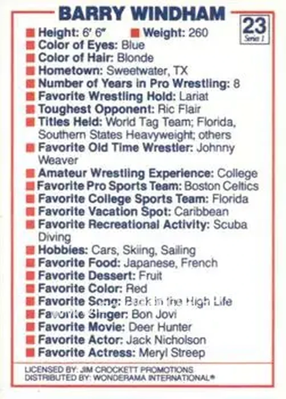 1988 Wonderama NWA #23 - The Widow Maker