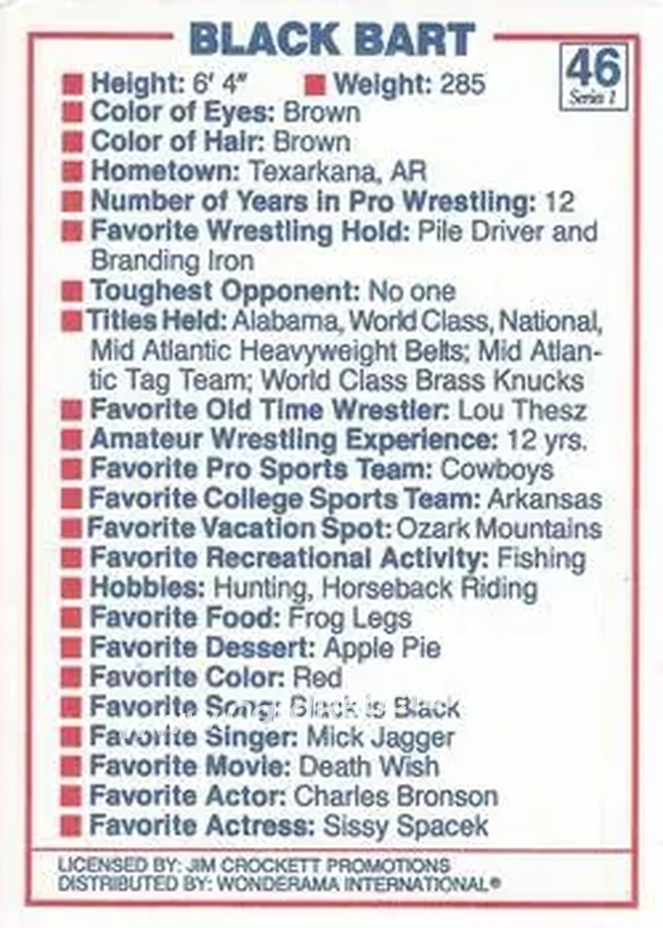 1988 Wonderama NWA #46 - Black Bart
