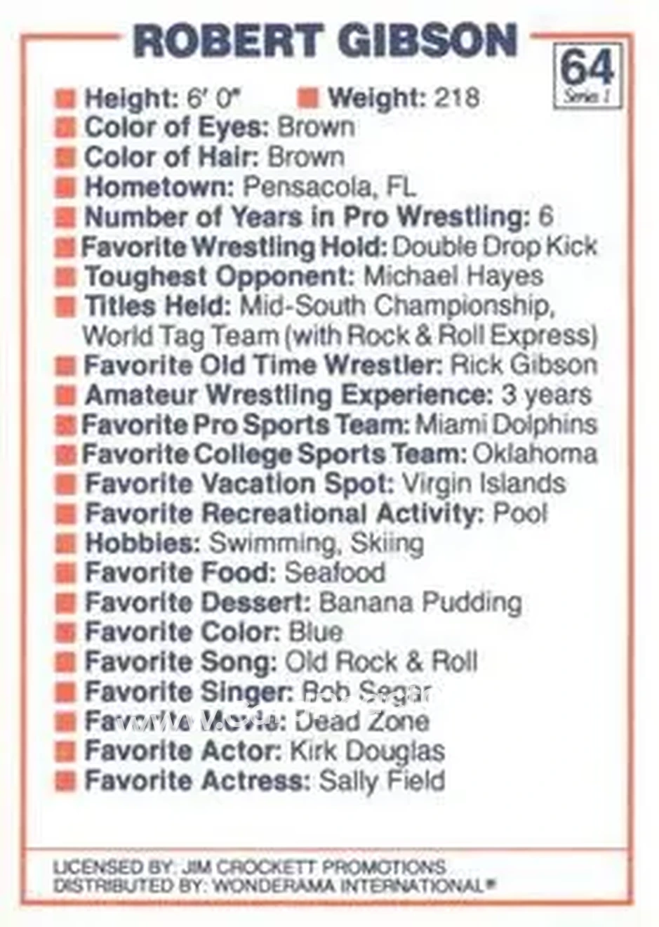 1988 Wonderama NWA #64 - Robert Gibson