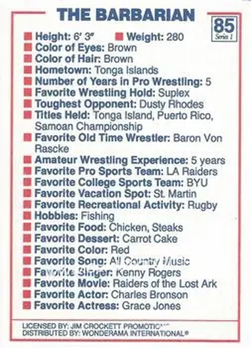 1988 Wonderama NWA #85 - Barbarian