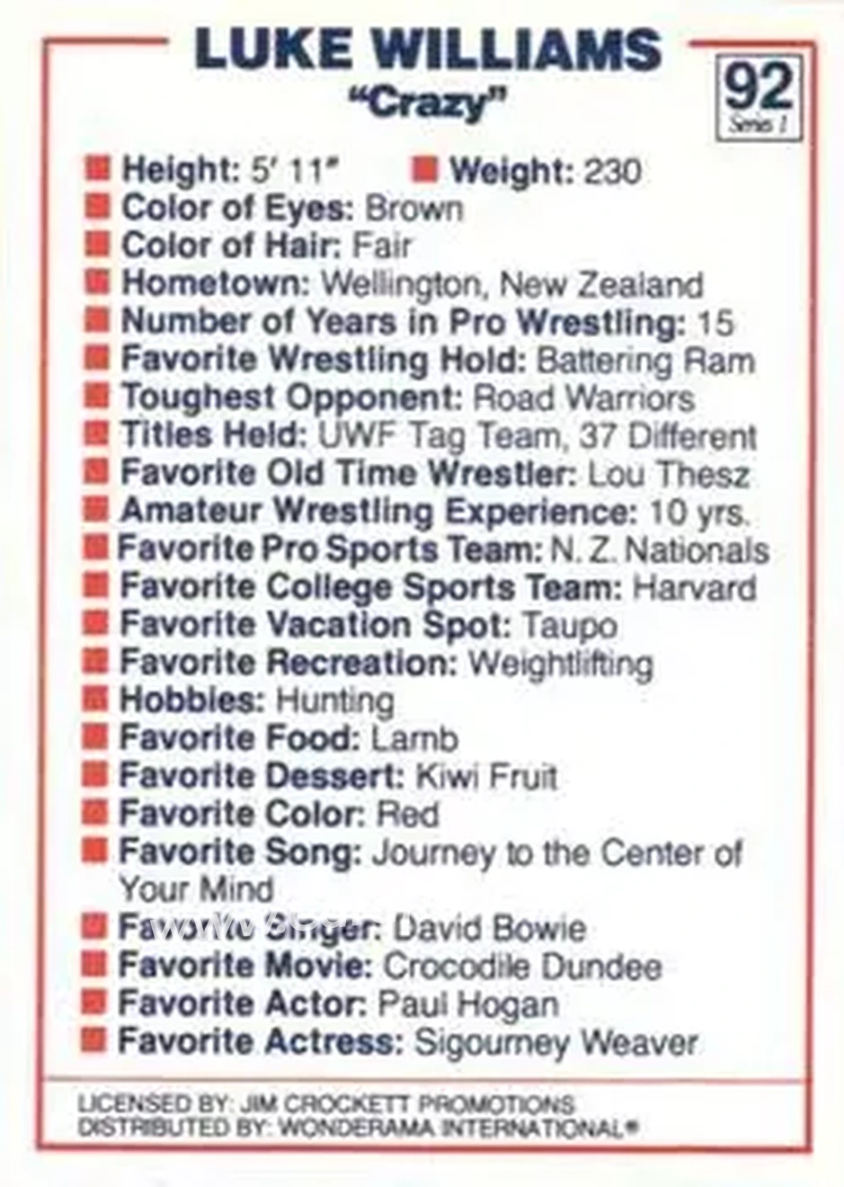 1988 Wonderama NWA #92 - Luke Williams