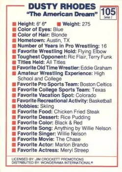 1988 Wonderama NWA #105 - Dusty Rhodes - Back 1988 Wonderama NWA #105 - Dusty Rhodes - Back