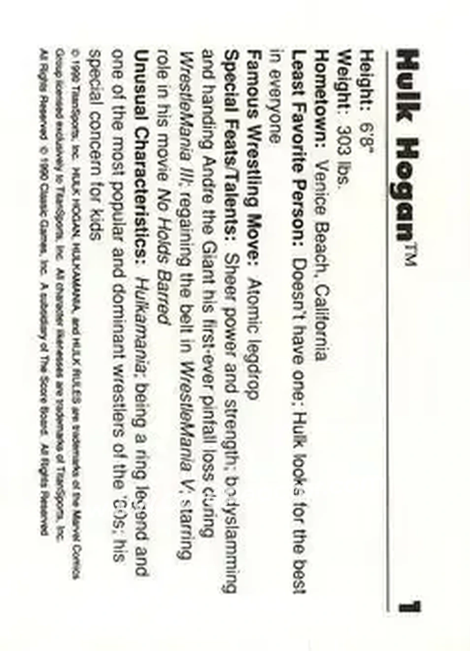 1990 Classic WWF #1 - Hulk Hogan