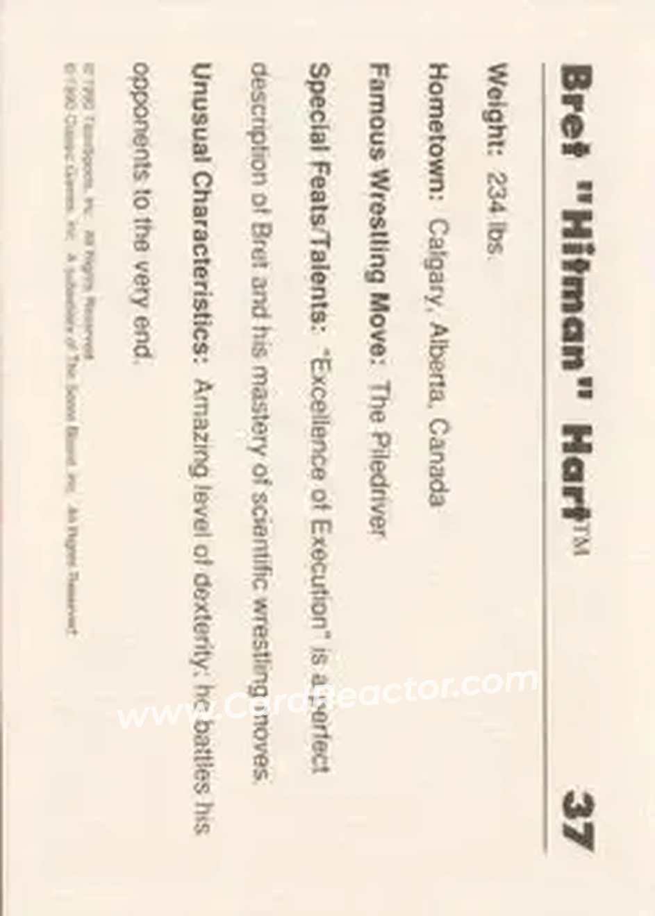 1990 Classic WWF #37 - Bret "Hit Man" Hart