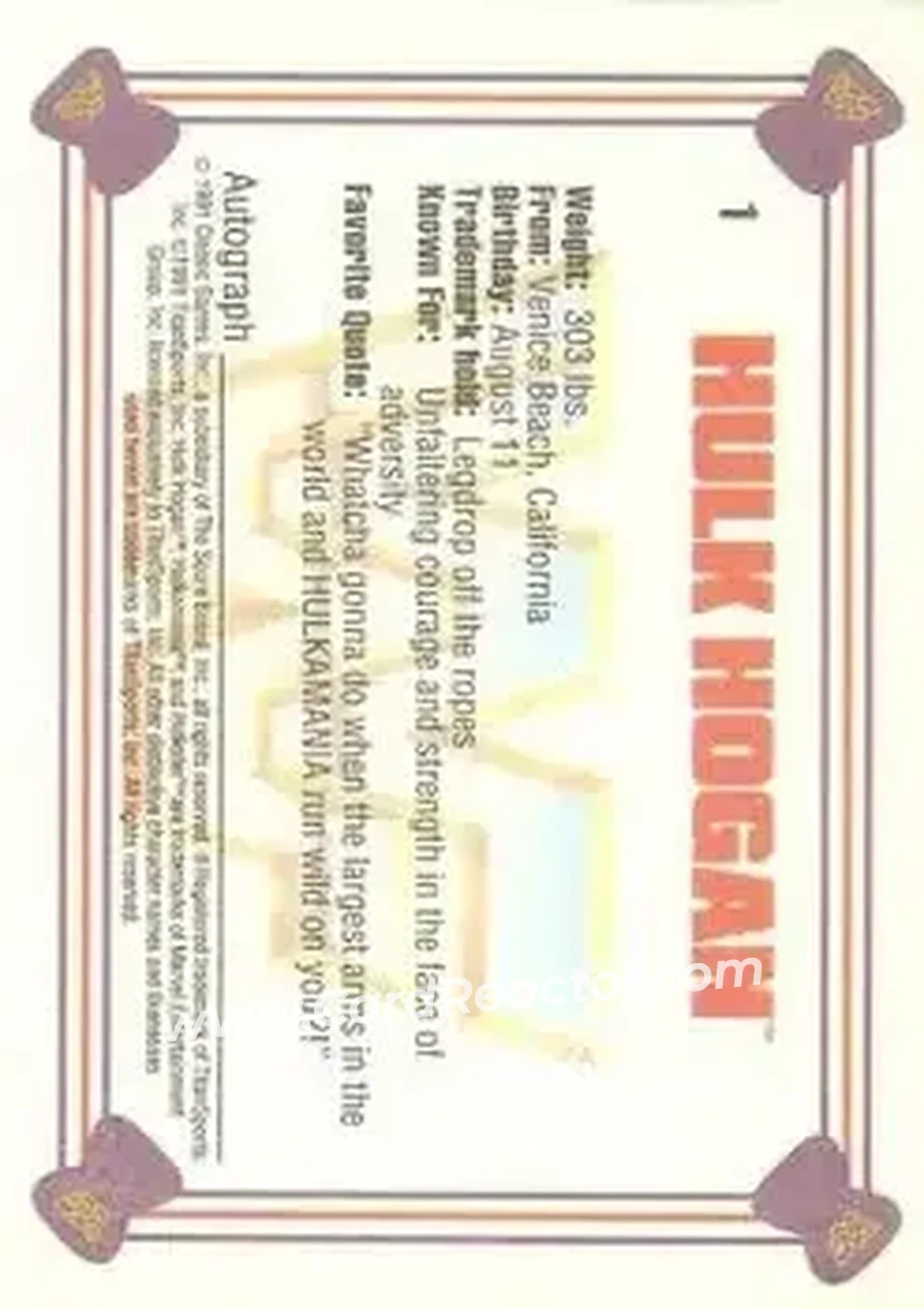 1991 Classic WWF Superstars #1 - Hulk Hogan 1991 Classic WWF Superstars #1 - Hulk Hogan