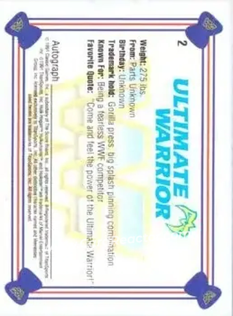 1991 Classic WWF Superstars #2 - The Ultimate Warrior 1991 Classic WWF Superstars #2 - The Ultimate Warrior