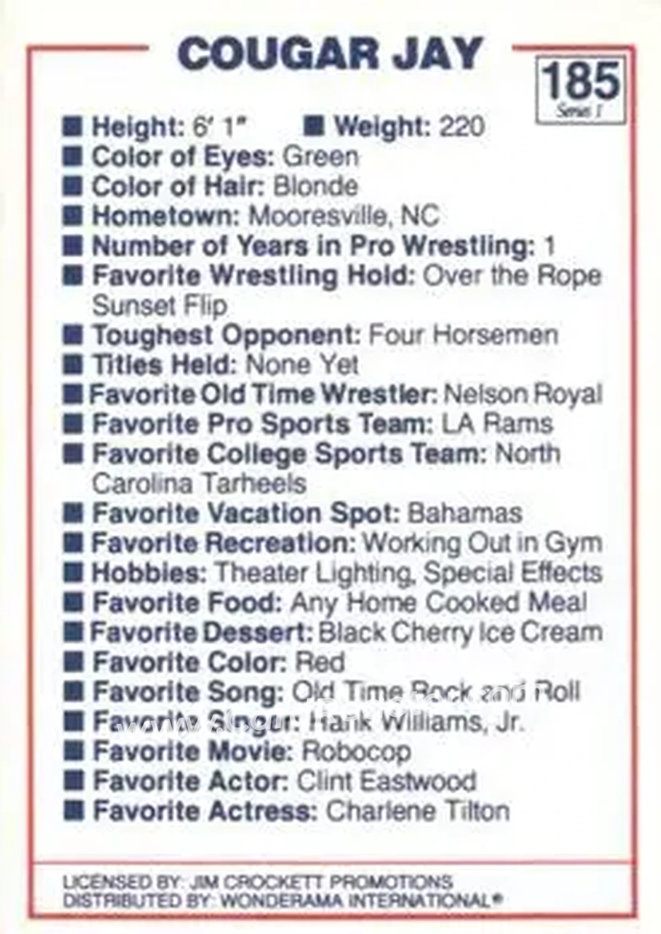 1988 Wonderama NWA #185 - Cougar Jay 1988 Wonderama NWA #185 - Cougar Jay