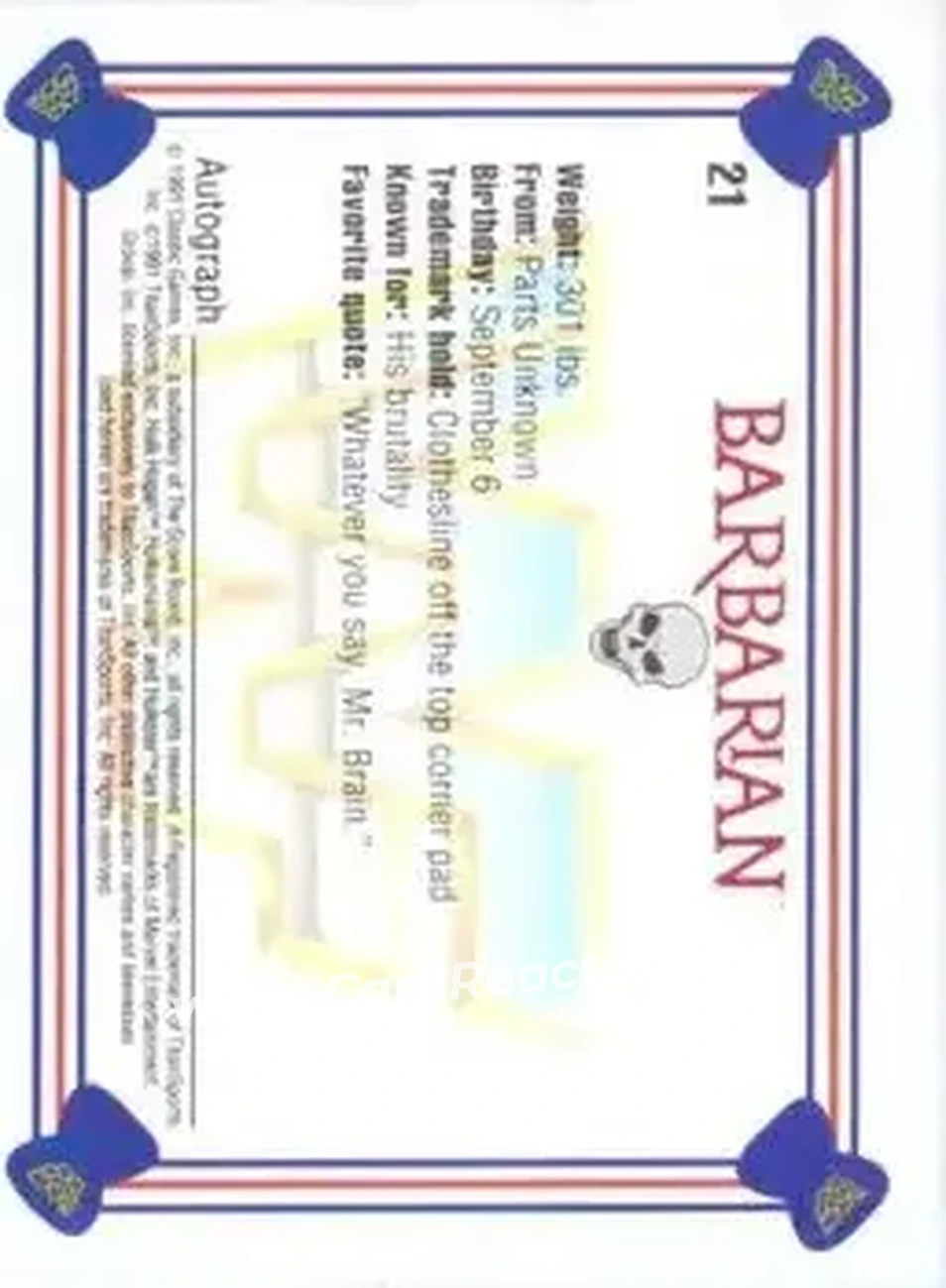 1991 Classic WWF Superstars #21 - Barbarian 1991 Classic WWF Superstars #21 - Barbarian