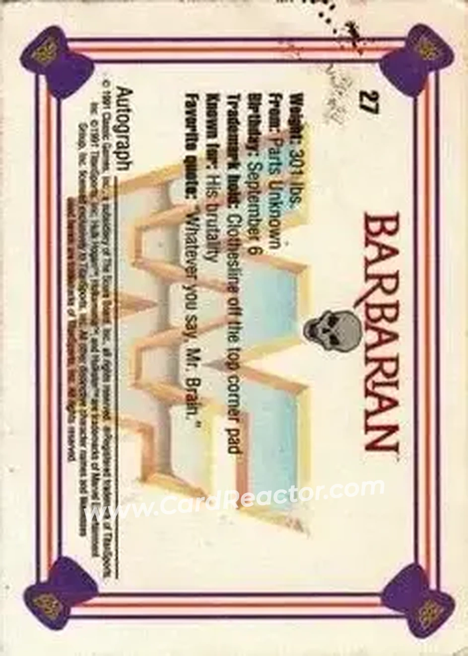 1991 Classic WWF Superstars #27 - Barbarian 1991 Classic WWF Superstars #27 - Barbarian