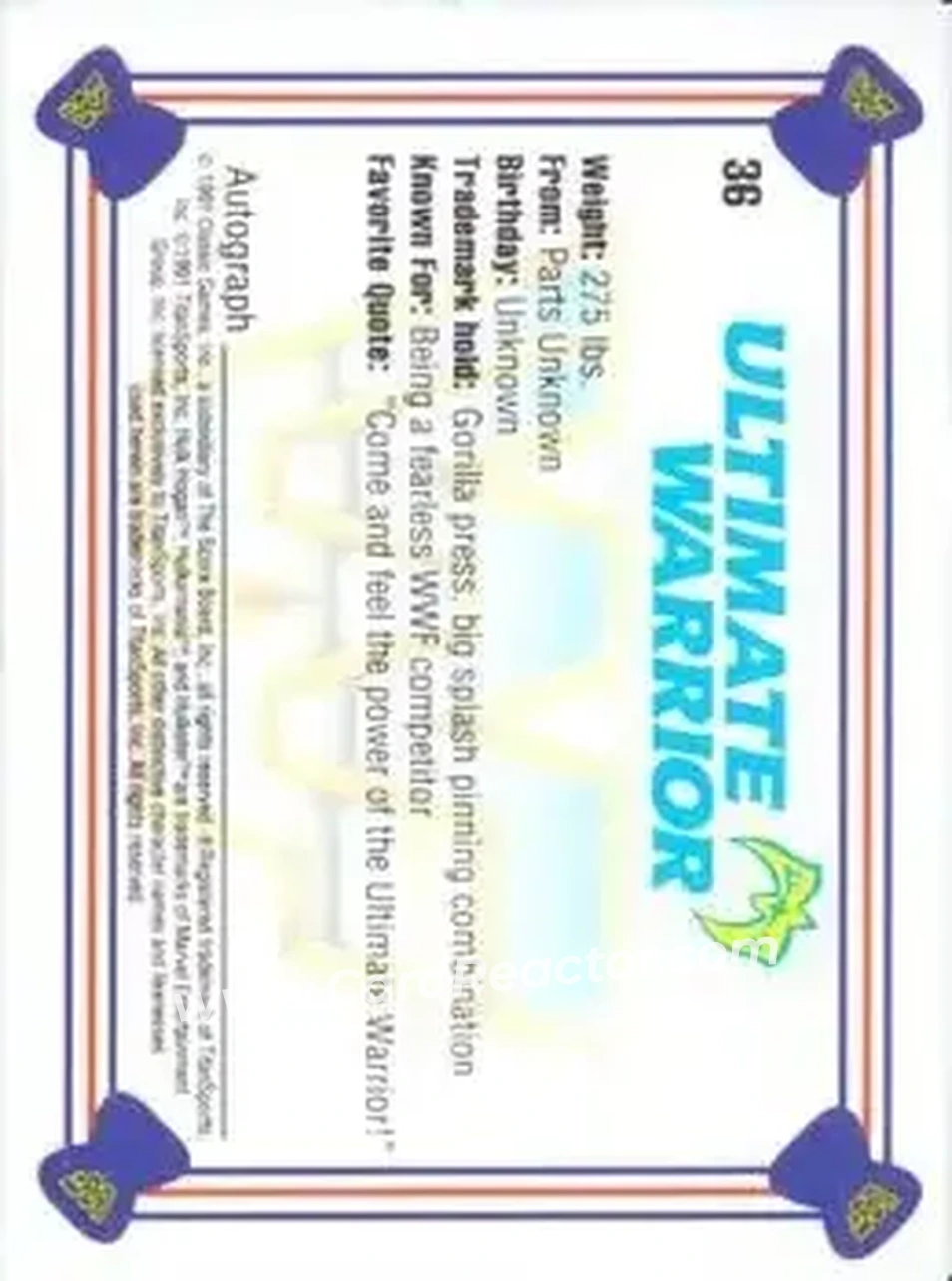 1991 Classic WWF Superstars #36 - The Ultimate Warrior