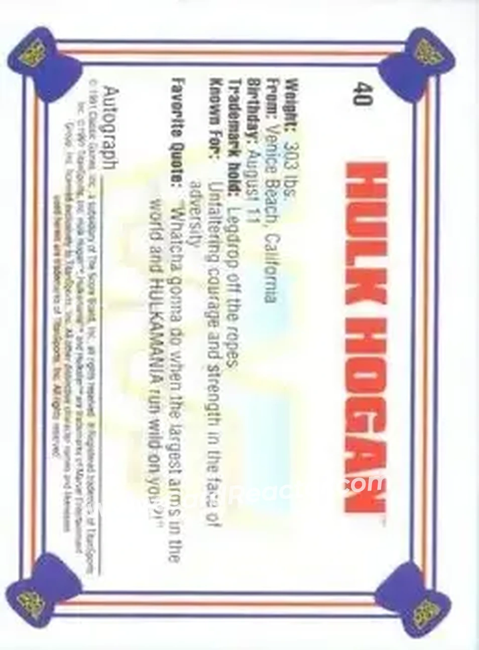 1991 Classic WWF Superstars #40 - Hulk Hogan 1991 Classic WWF Superstars #40 - Hulk Hogan