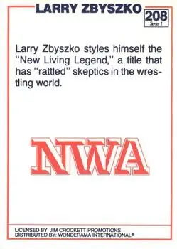 1988 Wonderama NWA #208 - Larry Zbyszko - Back