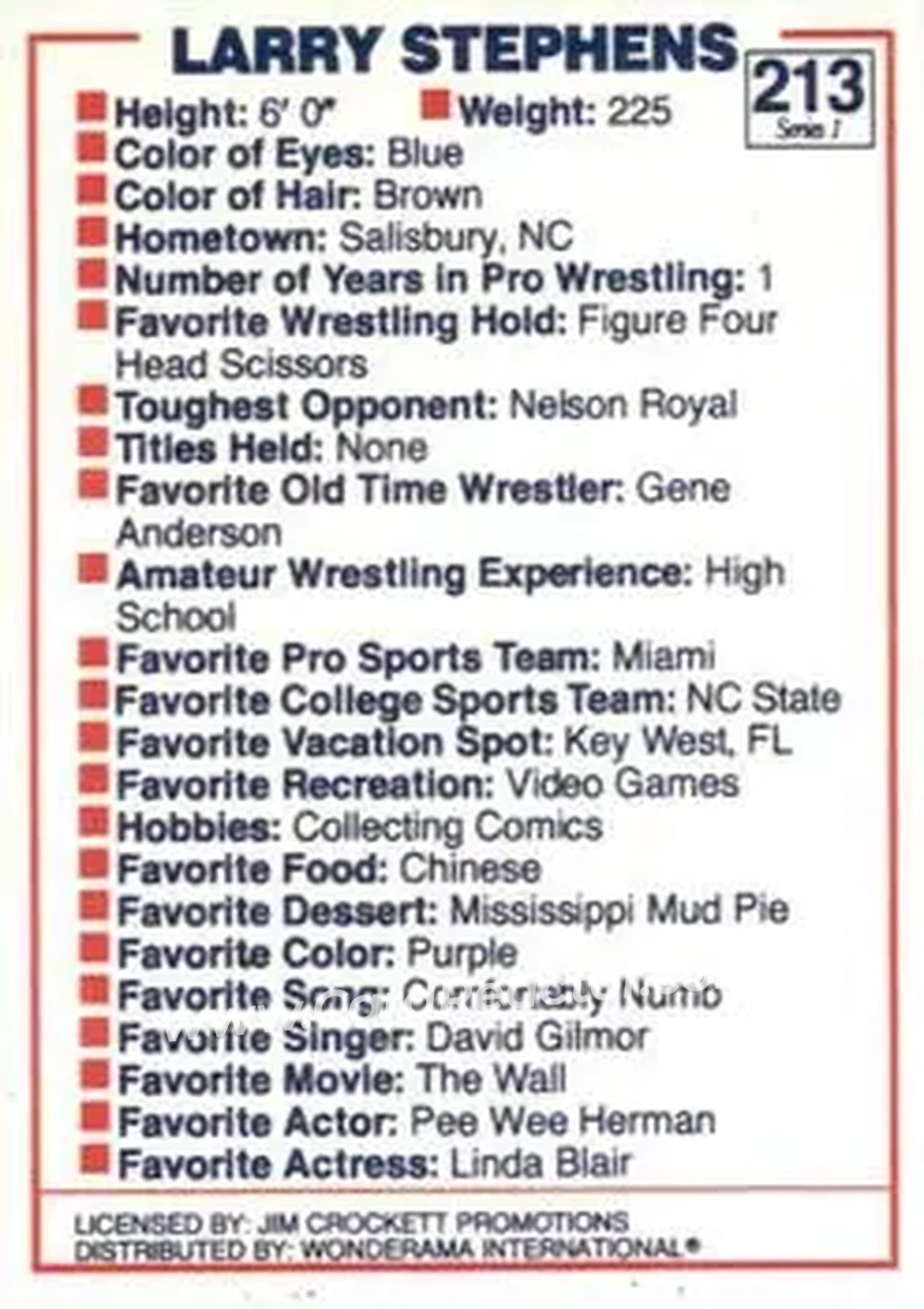 1988 Wonderama NWA #213 - Larry Stephens
