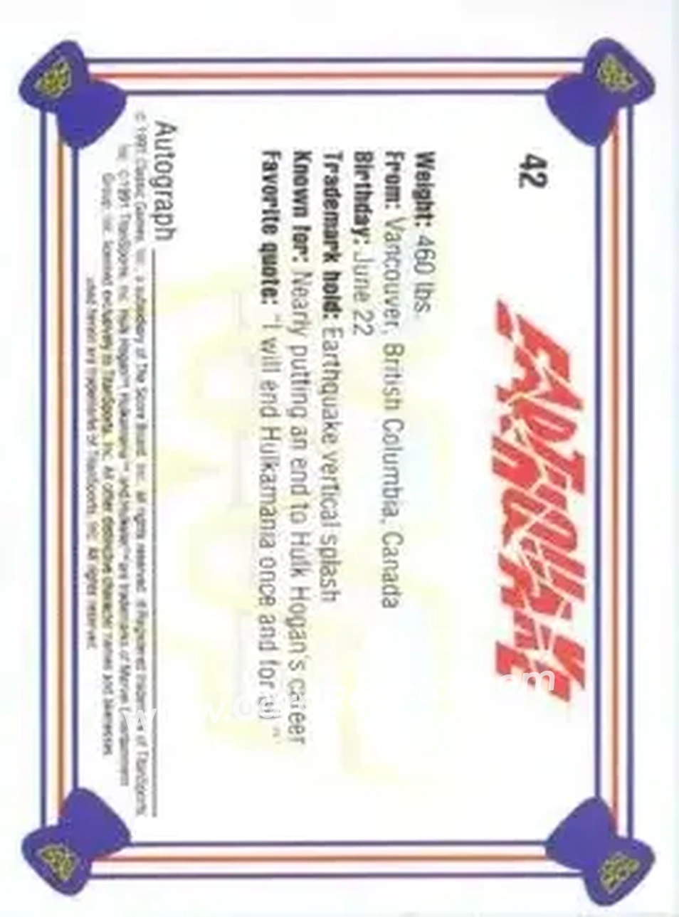 1991 Classic WWF Superstars #42 - Earthquake