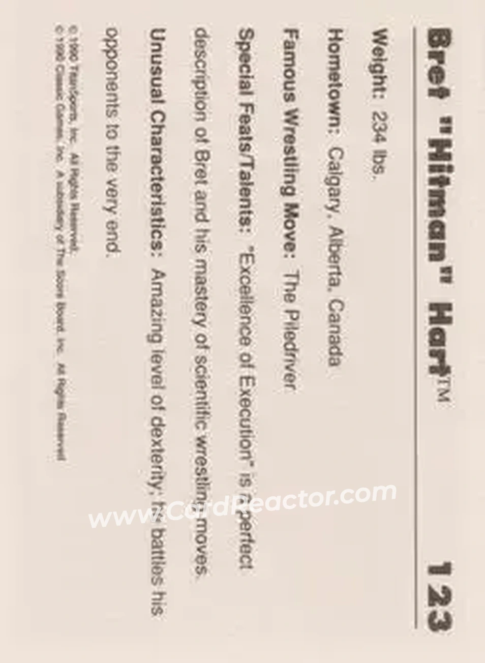 1990 Classic WWF #123 - Bret "Hit Man" Hart