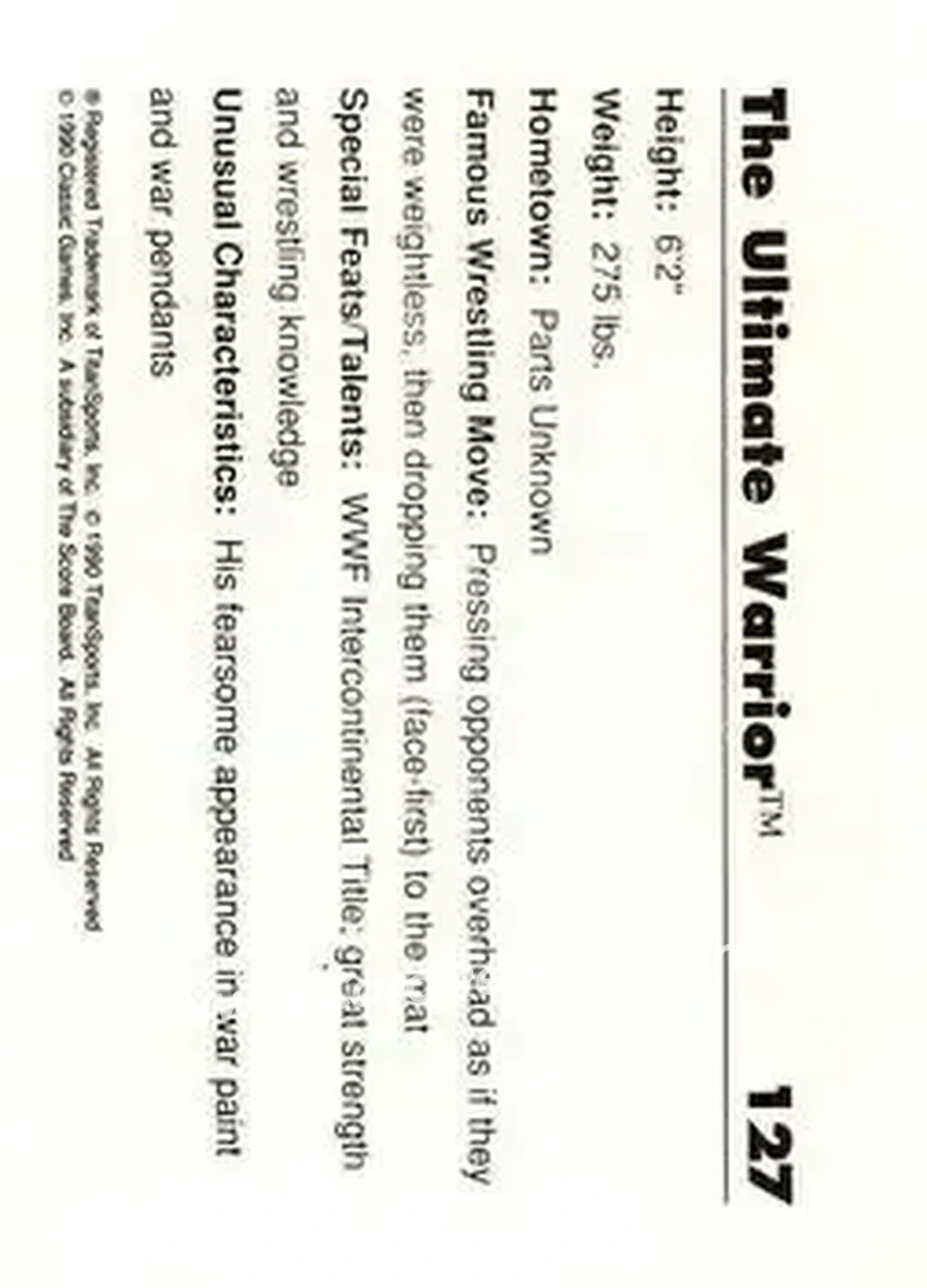 1990 Classic WWF #127 - The Ultimate Warrior