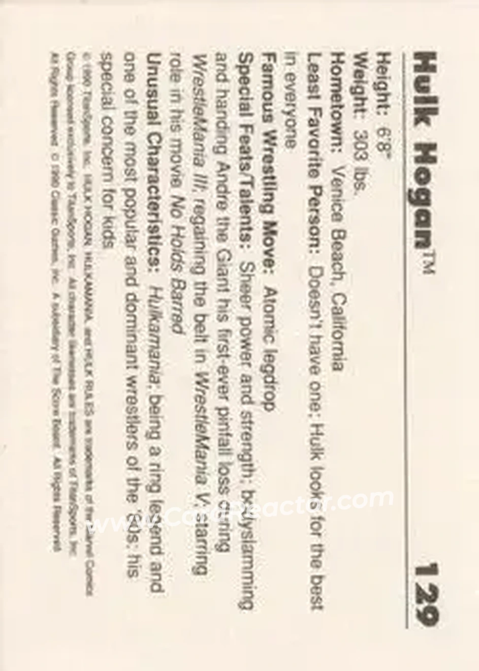 1990 Classic WWF #129 - Hulk Hogan