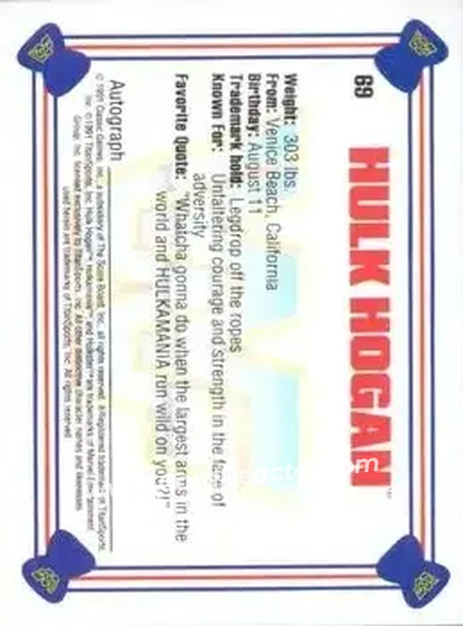 1991 Classic WWF Superstars #69 - Hulk Hogan