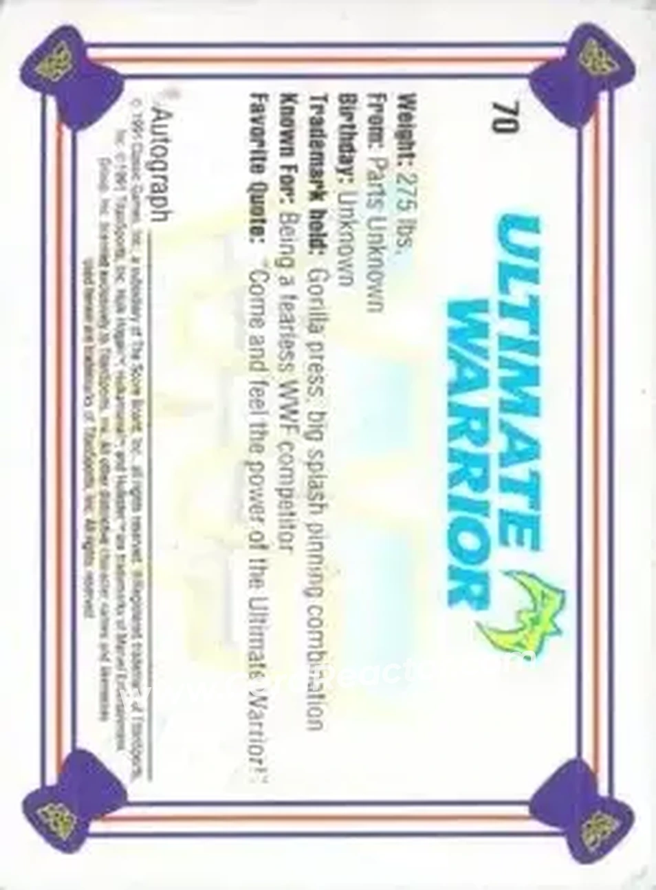 1991 Classic WWF Superstars #70 - The Ultimate Warrior 1991 Classic WWF Superstars #70 - The Ultimate Warrior