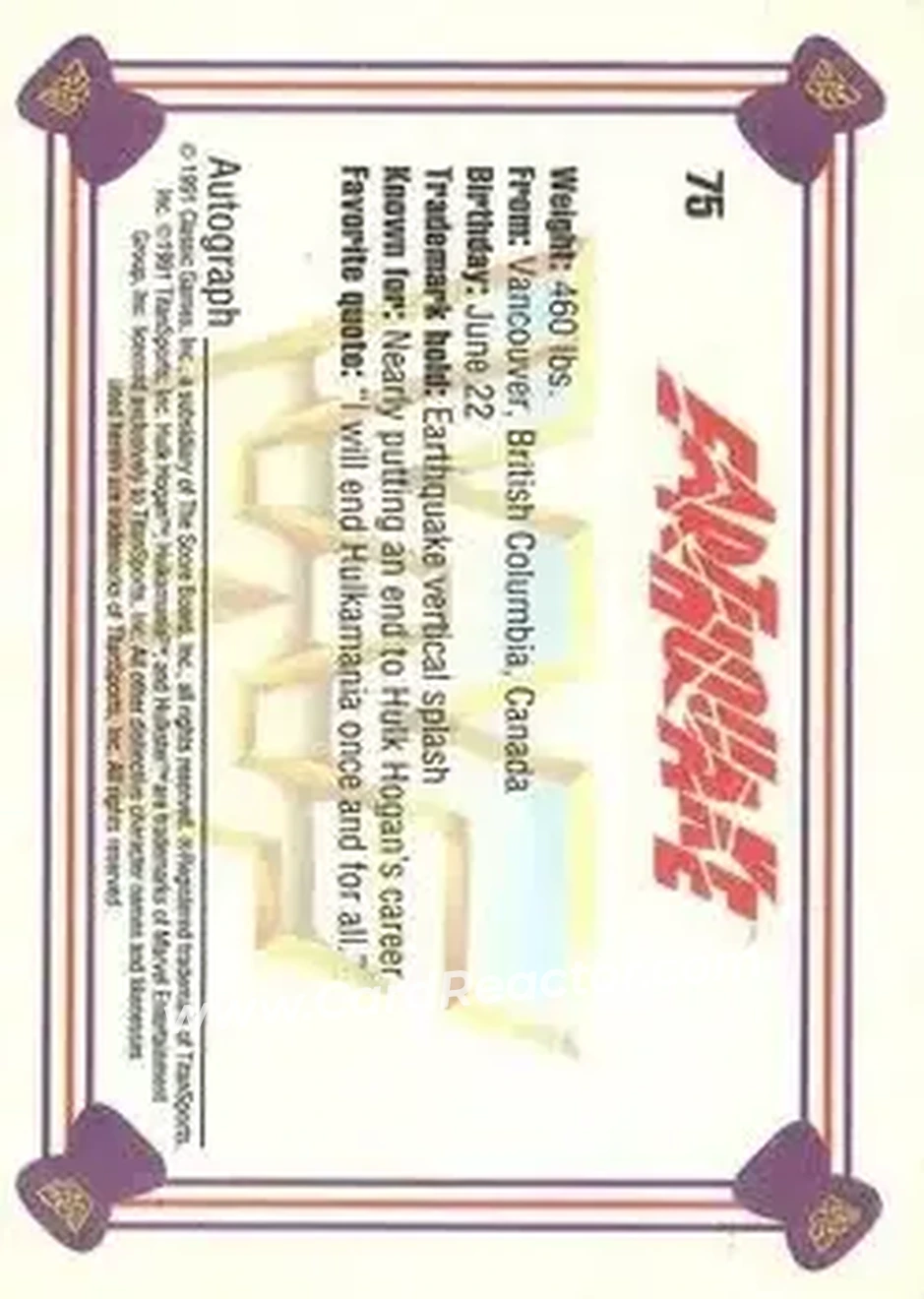 1991 Classic WWF Superstars #75 - Earthquake 1991 Classic WWF Superstars #75 - Earthquake