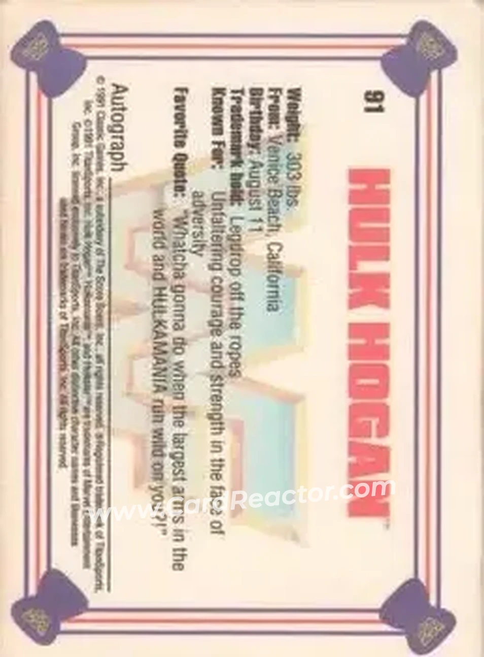 1991 Classic WWF Superstars #91 - Hulk Hogan