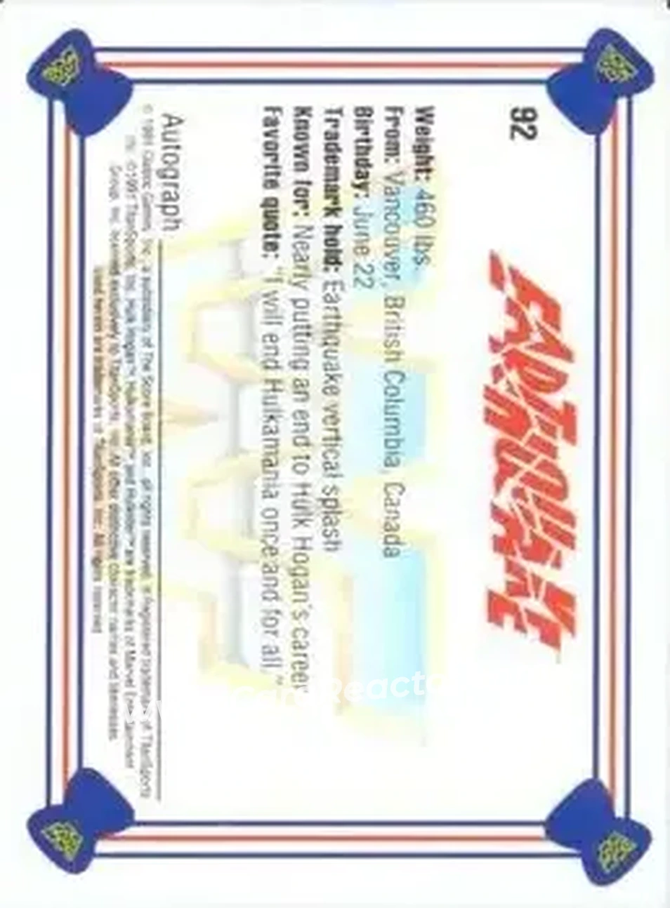 1991 Classic WWF Superstars #92 - Earthquake