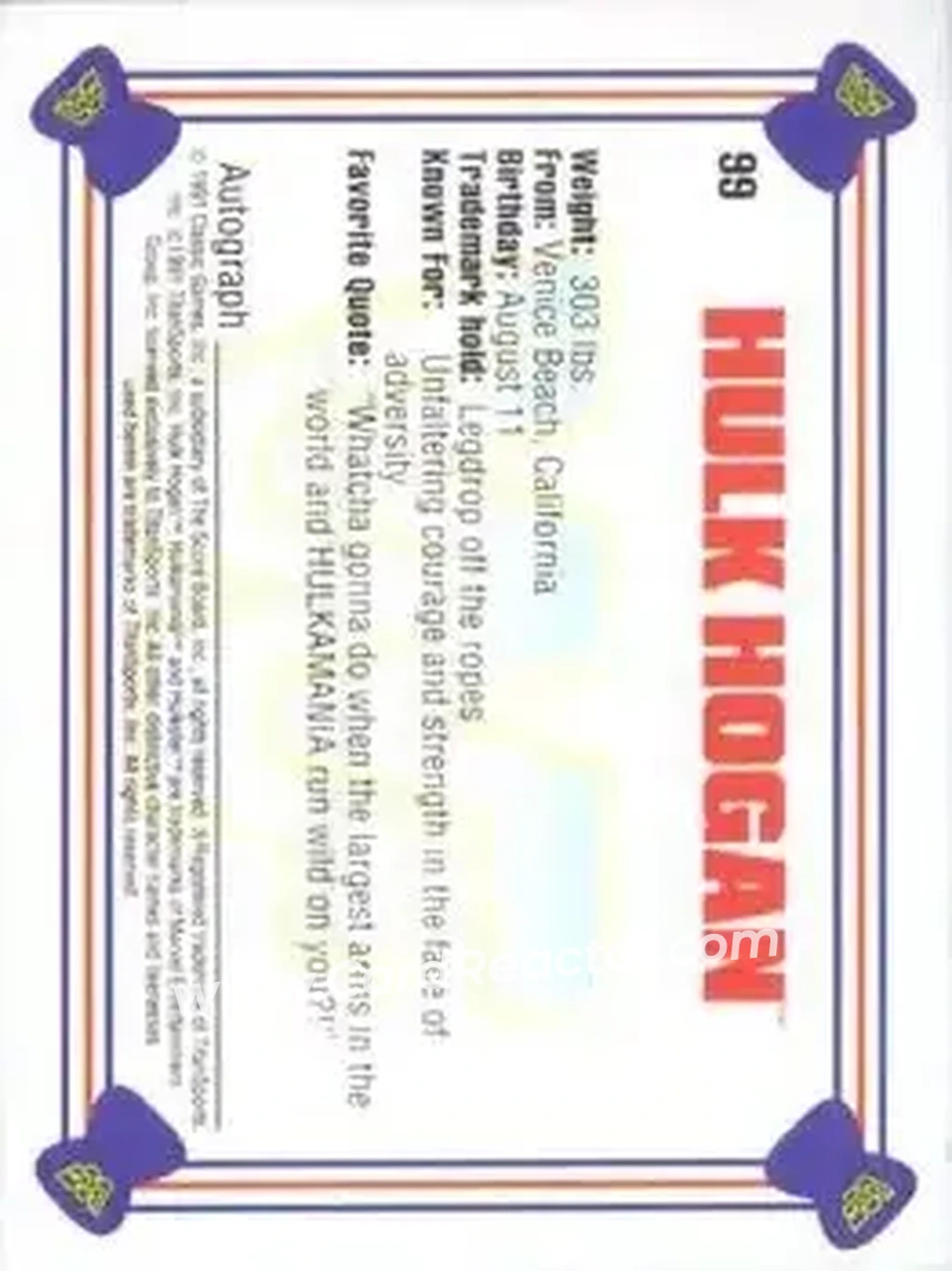 1991 Classic WWF Superstars #99 - Hulk Hogan 1991 Classic WWF Superstars #99 - Hulk Hogan