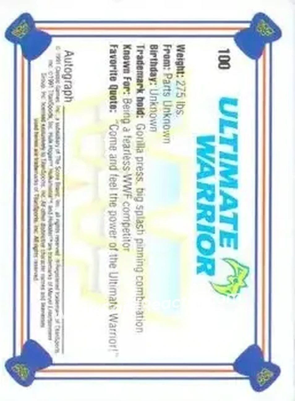 1991 Classic WWF Superstars #100 - The Ultimate Warrior