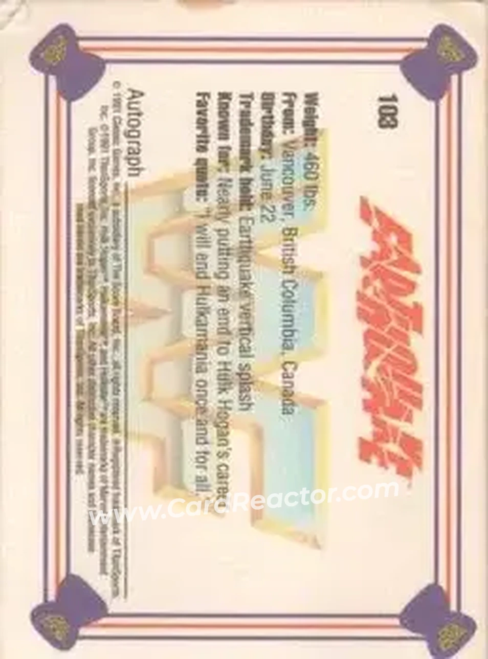 1991 Classic WWF Superstars #103 - Earthquake 1991 Classic WWF Superstars #103 - Earthquake