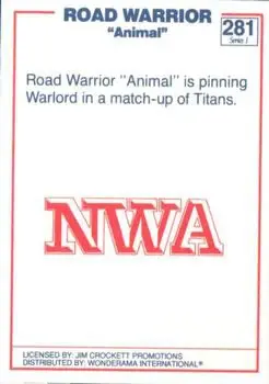 1988 Wonderama NWA #281 - Road Warrior Animal - Back 1988 Wonderama NWA #281 - Road Warrior Animal - Back