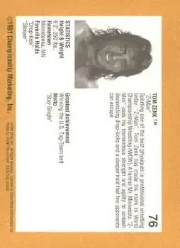 1991 Championship Marketing WCW #76 - Tom Zenk - Back