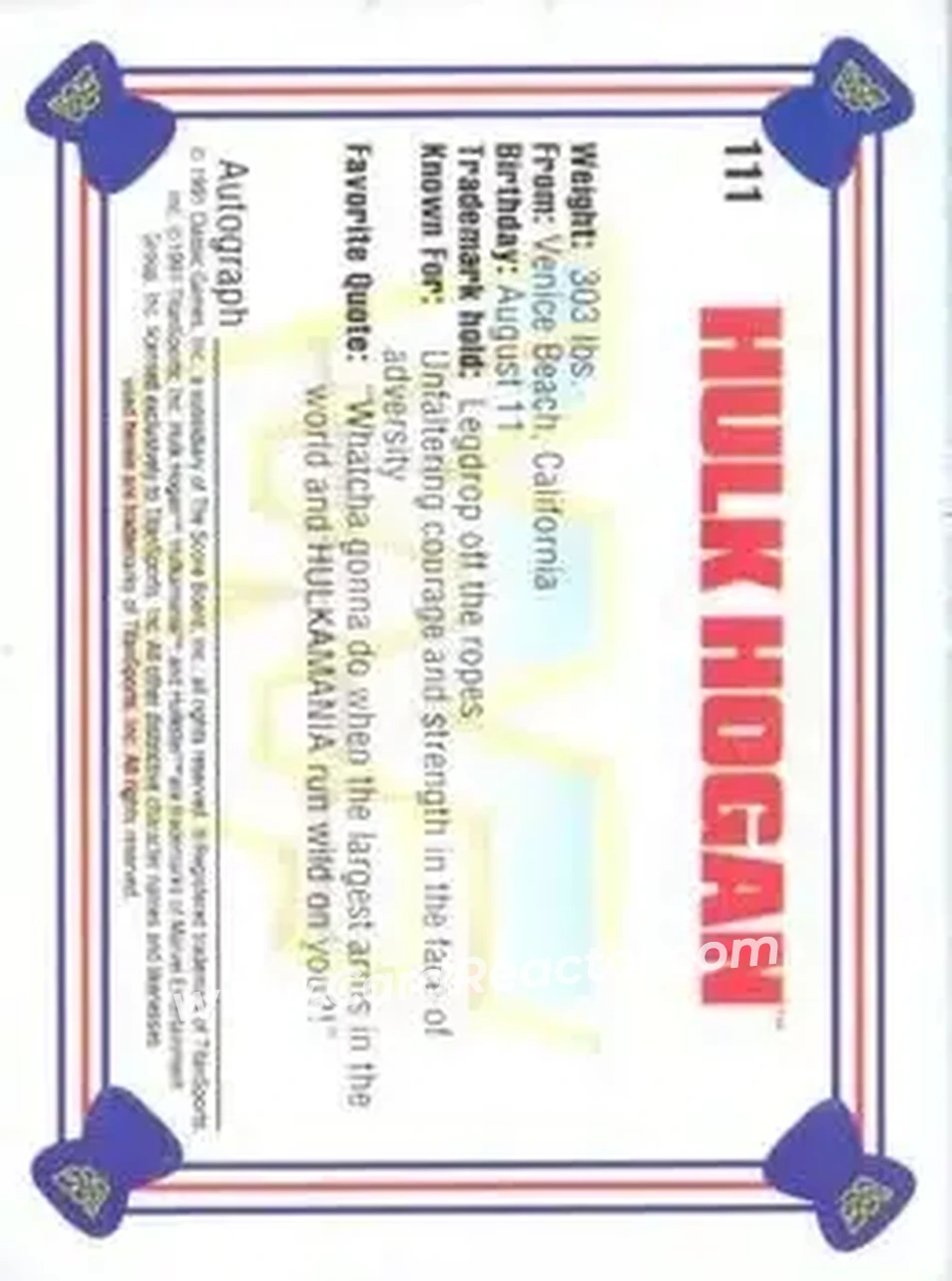 1991 Classic WWF Superstars #111 - Hulk Hogan 1991 Classic WWF Superstars #111 - Hulk Hogan