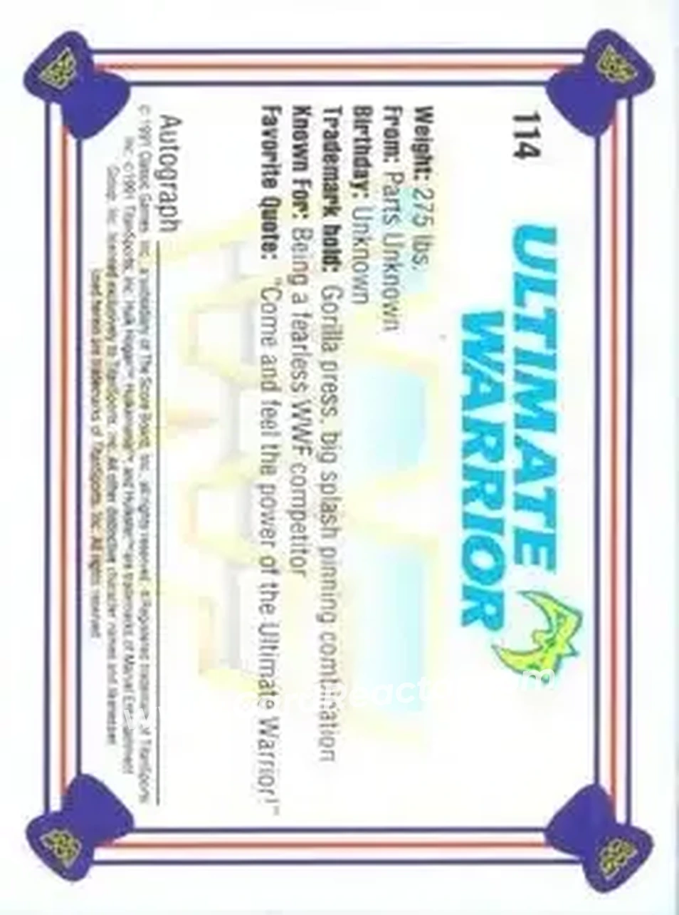 1991 Classic WWF Superstars #114 - The Ultimate Warrior