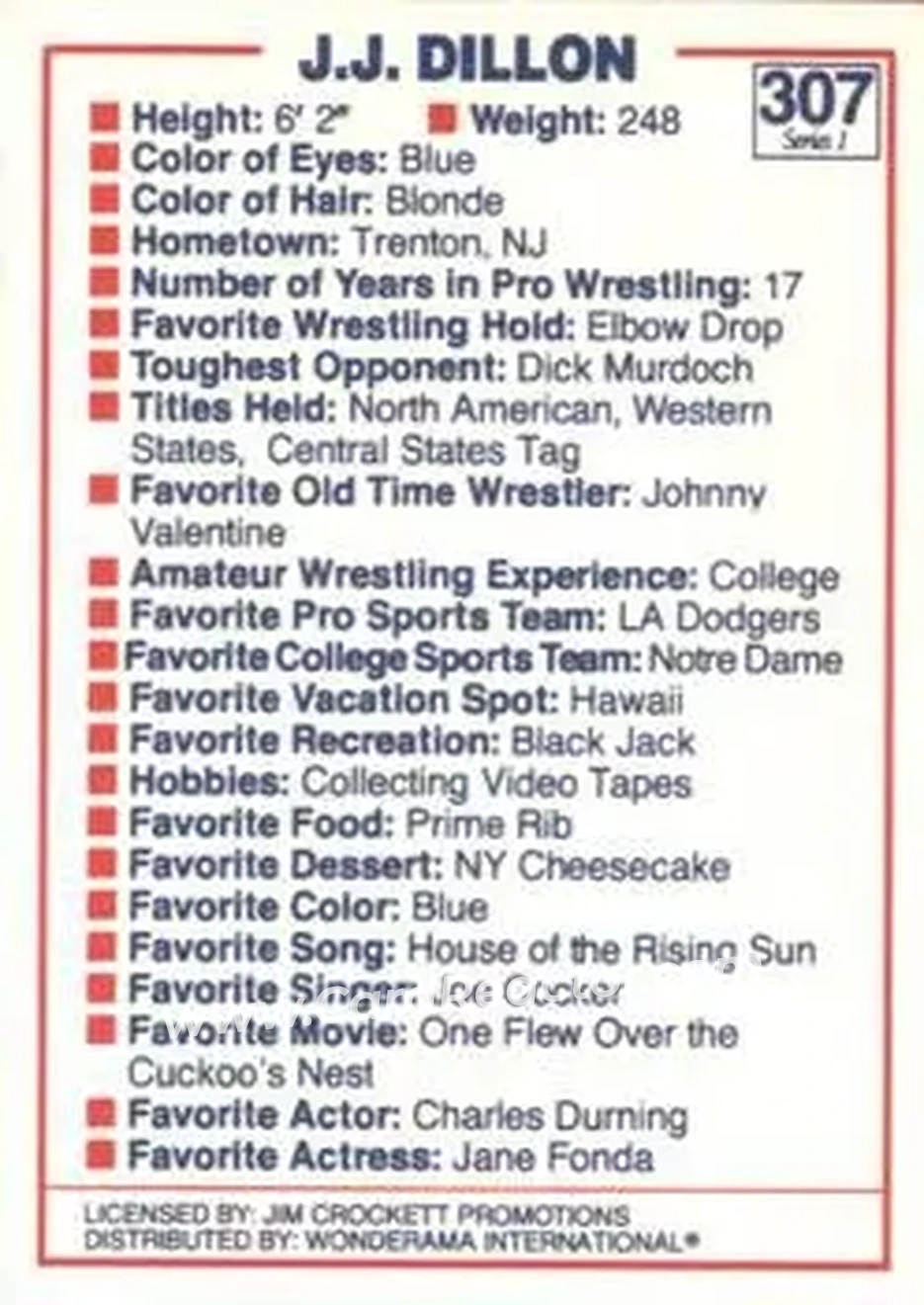 1988 Wonderama NWA #307 - J.J. Dillon