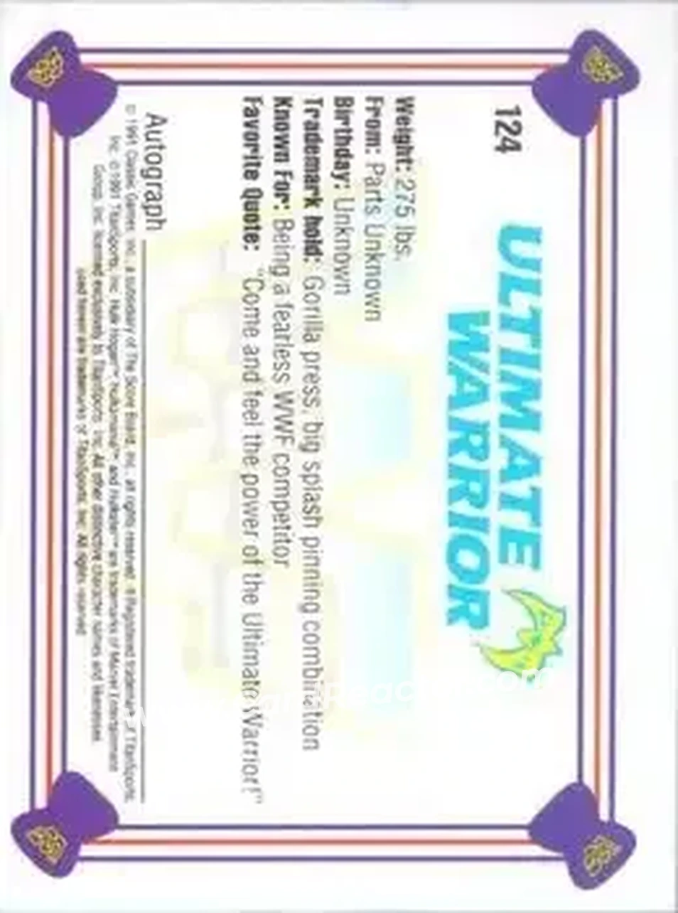1991 Classic WWF Superstars #124 - The Ultimate Warrior