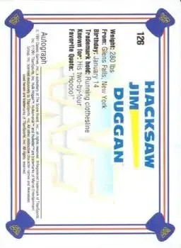 1991 Classic WWF Superstars #126 - Hacksaw Jim Duggan - Back