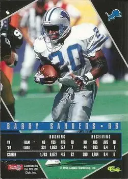 1995 Classic Images Limited Live #6 - Barry Sanders - Detroit Lions - Back 1995 Classic Images Limited Live #6 - Barry Sanders - Detroit Lions - Back