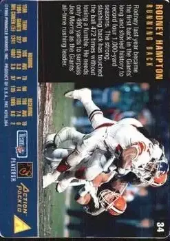 1995 Action Packed Rookies & Stars #34 - Rodney Hampton - New York Giants - Back