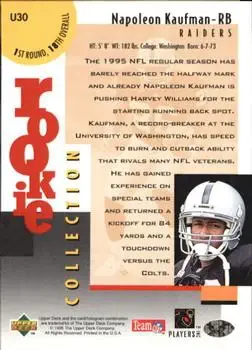 1995 Collector's Choice Update #U30 - Napoleon Kaufman - Oakland Raiders - Back